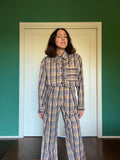 Pantalone sartoriale con le pince tartan beige e viola