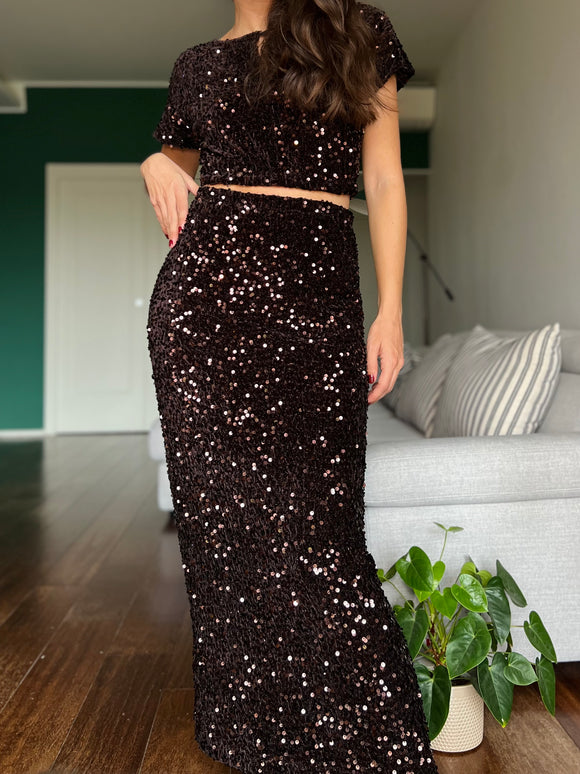 PRE ORDINE • Gonna pencil paillettes marroni