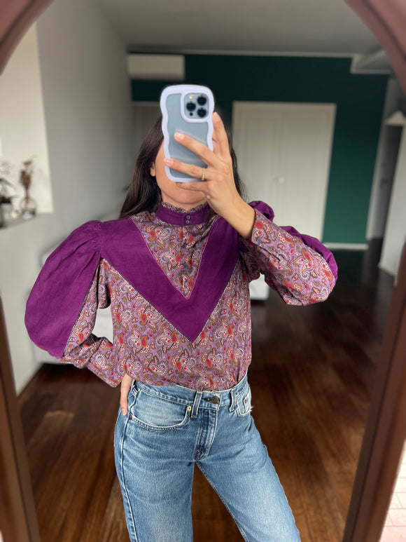 Camicia con inserti in velluto viola
