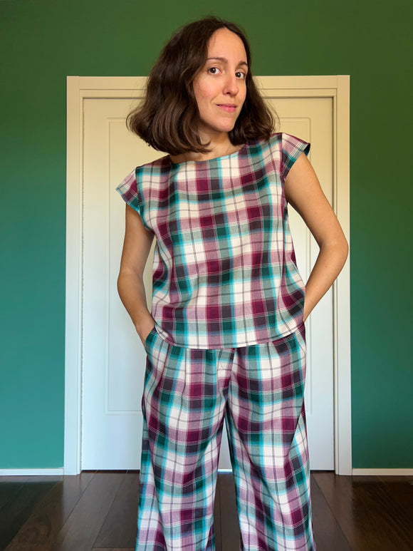 Maglietta sartoriale tartan violetto e ottanio