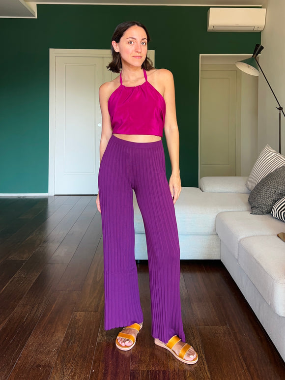 Pantalone plissé in maglia di cotone prugna