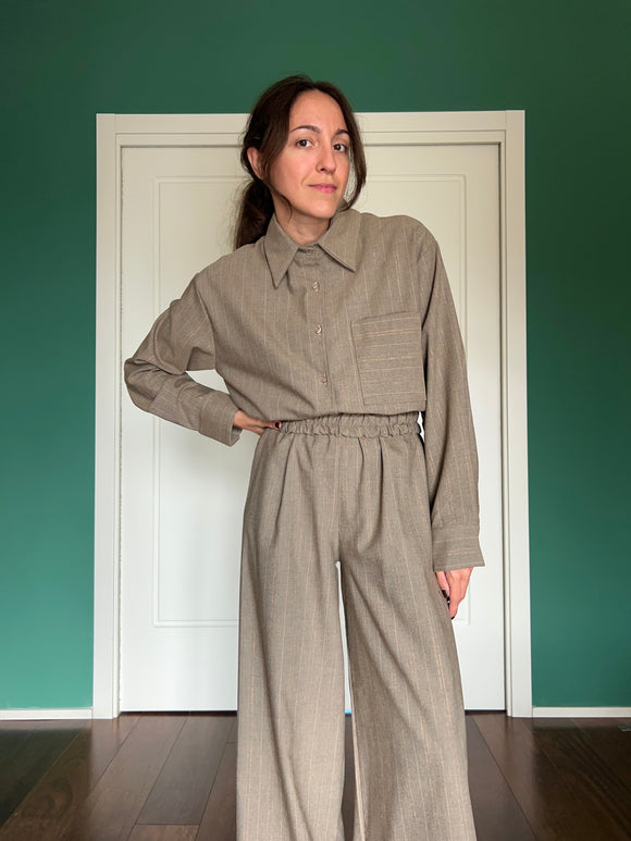 PRE ORDINE • Camicia ampia misto lana beige gessato
