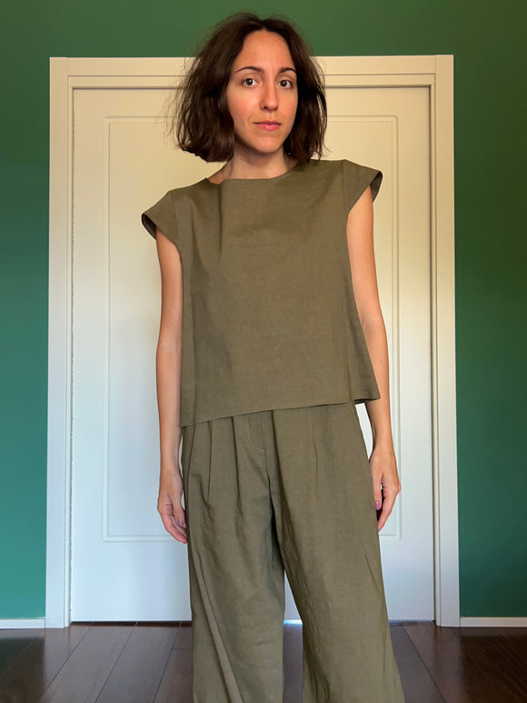 Maglietta misto lino verde militare