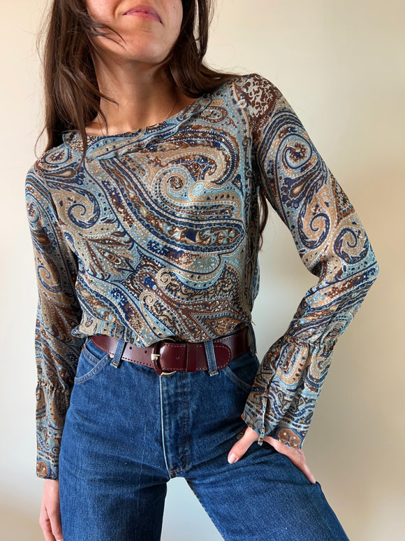 Camicia di seta paisley blu e beige