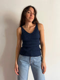Top a coste in maglia di cotone blu