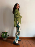 PRE ORDINE • Pantalone a zampa fiori ottanio