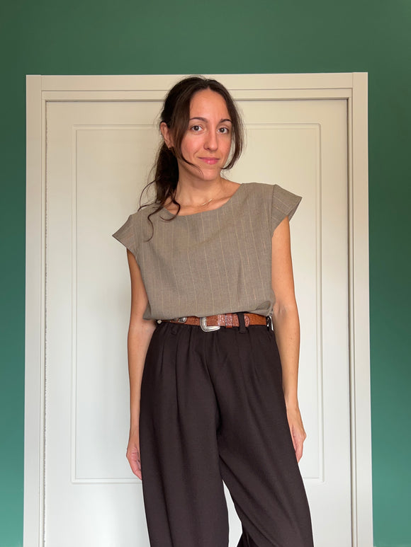 Maglietta misto lana beige gessato