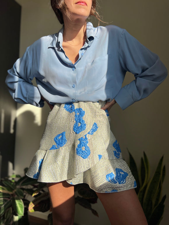 Gonna corta argento fiori azzurri
