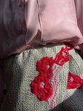 Gonna corta argento fiori rosa e rossi