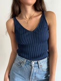 Top a coste in maglia di cotone blu