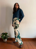 Pantalone a zampa fiori ottanio