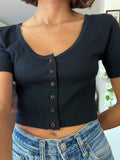 Maglietta crop blu a costine