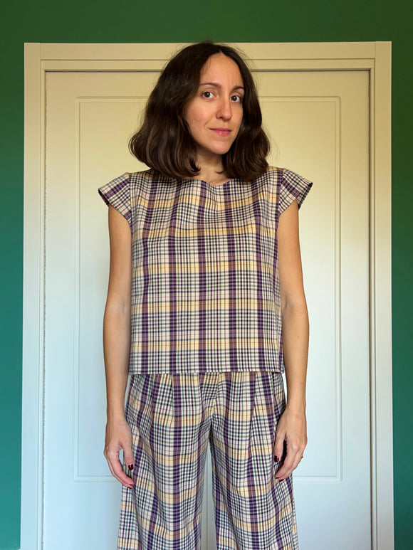 Maglietta sartoriale tartan beige e viola