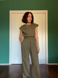 Pantalone sartoriale con le pince misto lino verde militare