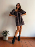 Abito corto jacquard nero e rosa