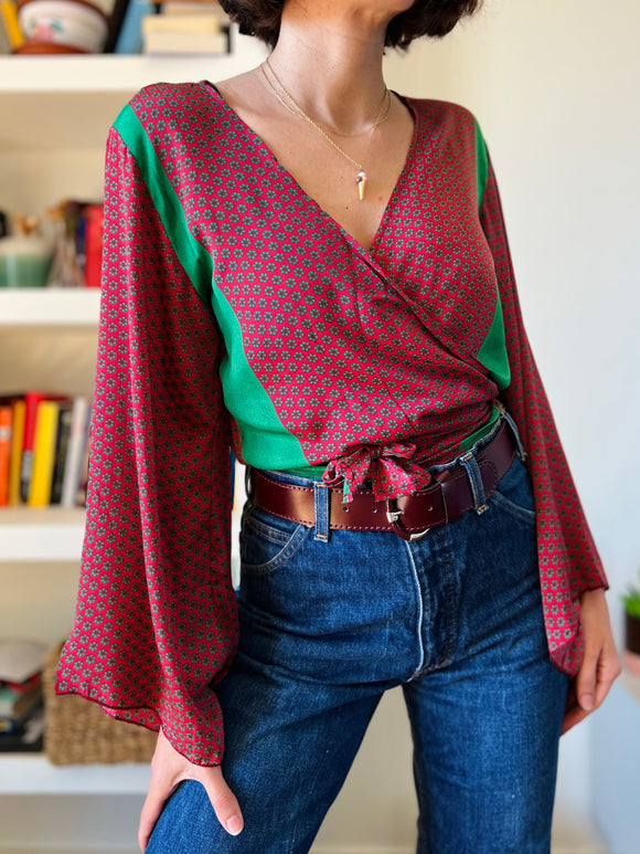 Camicia indiana incrociata bordeaux e verde