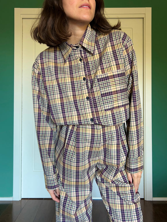 Camicia sartoriale tartan beige e viola