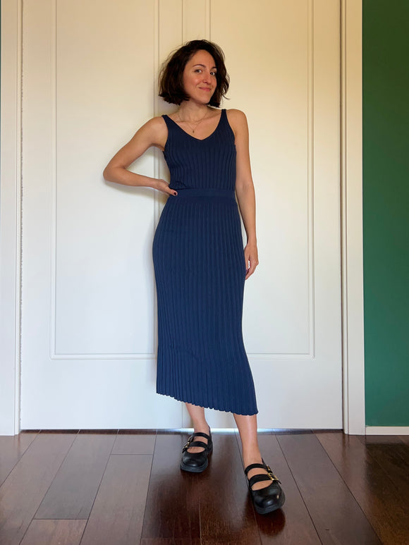 Gonna plissé in maglia di cotone blu