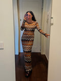 Abito lungo in maglia tipo Missoni marrone e viola