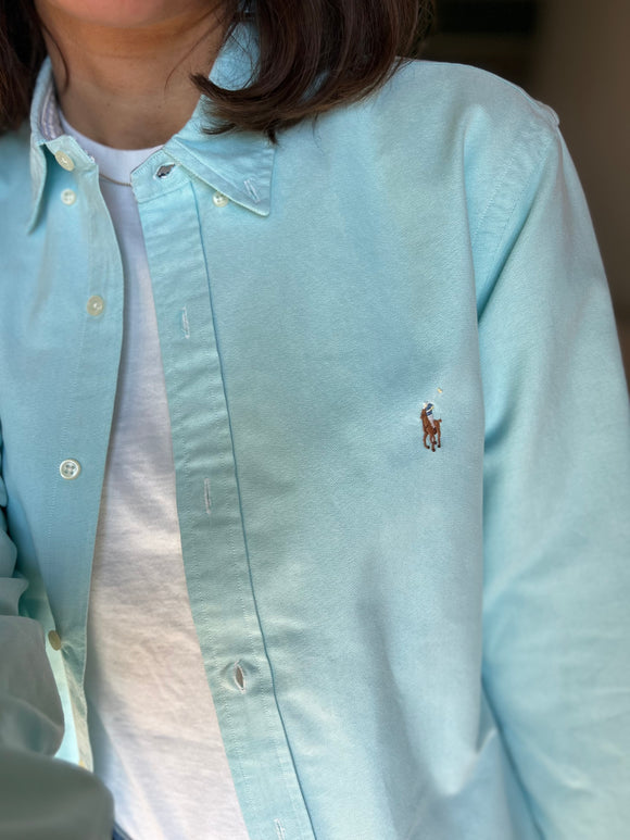 Camicia Ralph Lauren verde acqua stemma marrone