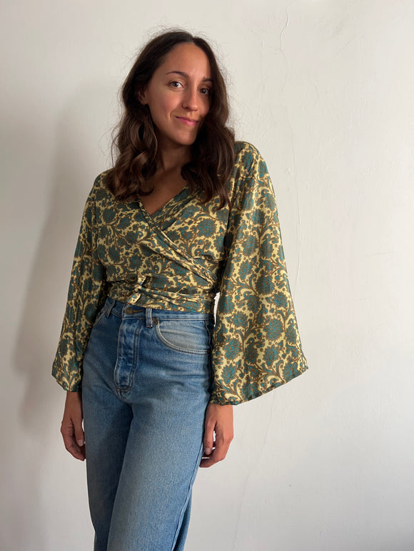 Camicia incrociata beige e ottanio