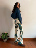 Pantalone a zampa fiori ottanio