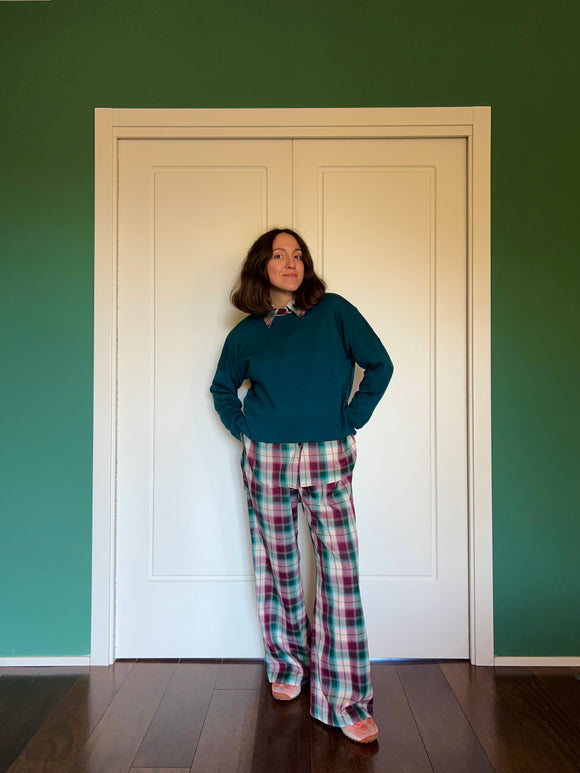 Pantalone sartoriale con le pince tartan violetto e ottanio