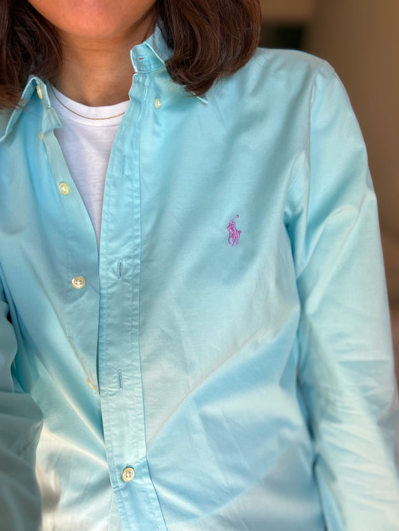 Camicia Ralph Lauren verde acqua stemma lilla