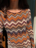 Abito lungo in maglia tipo Missoni marrone e viola