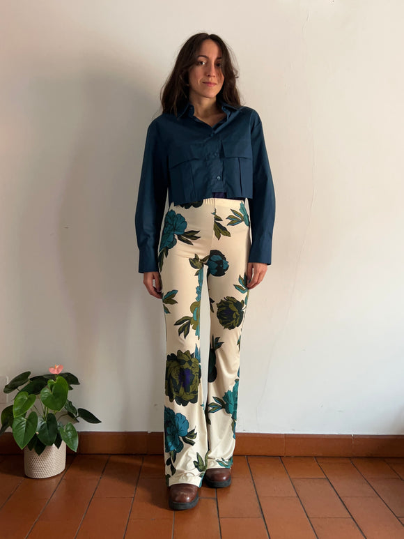 PRE ORDINE • Pantalone a zampa fiori ottanio