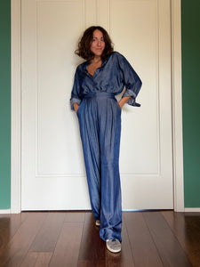 Pantalone sartoriale con le pince cangiante effetto denim