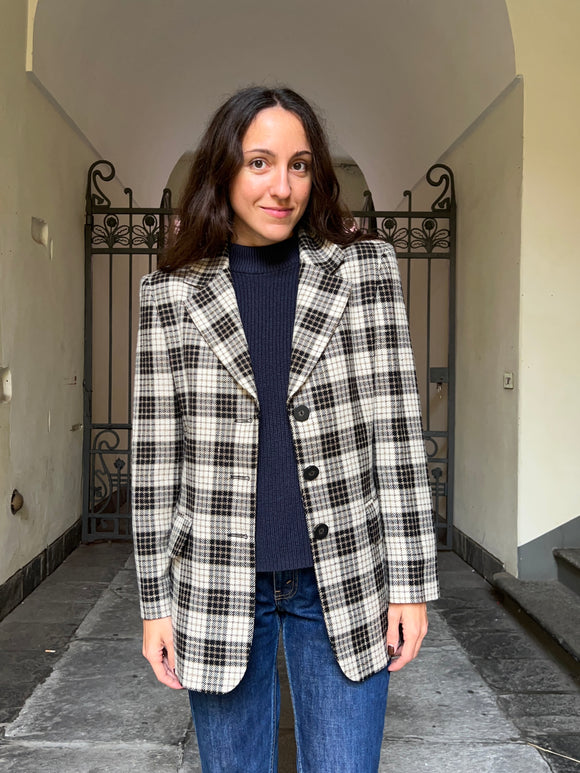 Blazer a quadri bianco-nero-beige