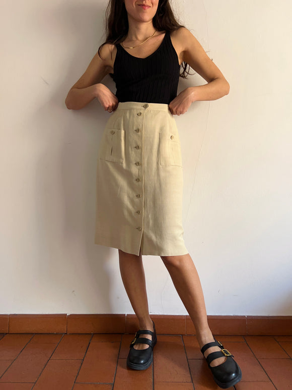 Gonna misto lino con bottoni beige