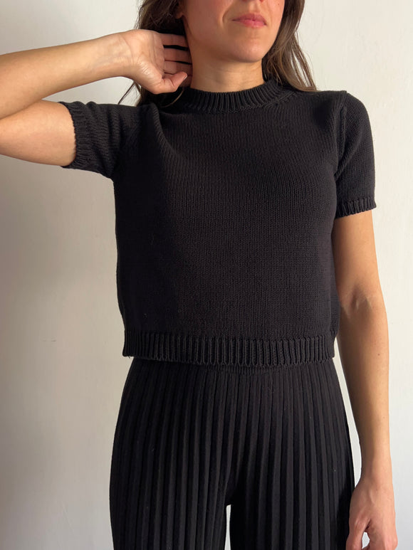 Maglietta corta in maglia di cotone nera