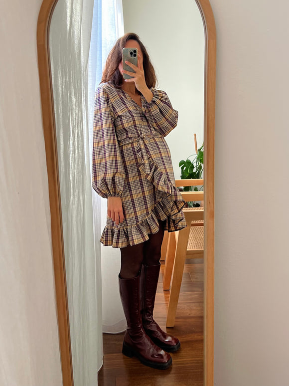 Abito a portafoglio tartan beige e viola