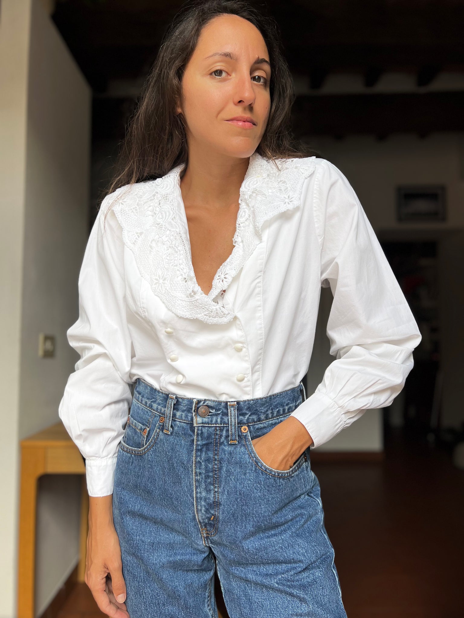Camicia bianca doppio petto con pizzo Celestina Vintage
