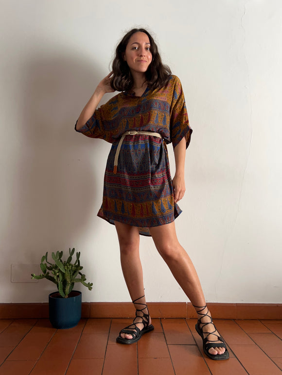 Abito maxi t-shirt seta senape e blu