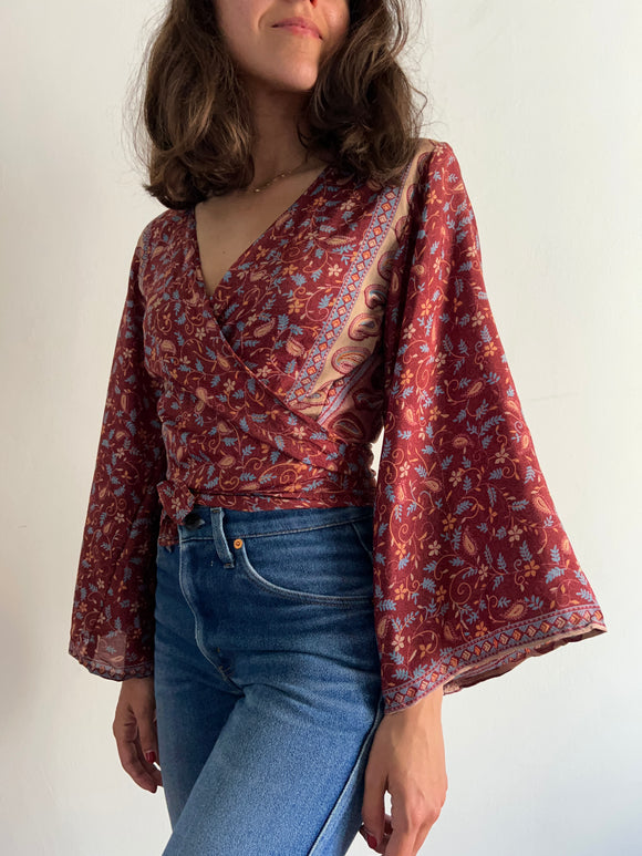 Camicia indiana incrociata vinaccia foglie azzurre