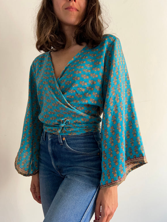 Camicia indiana incrociata turchese girasoli