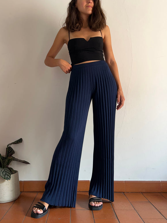 Pantalone plissé in maglia blu