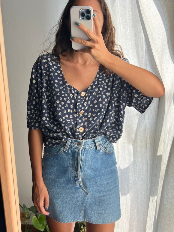 Camicia di seta blu fiorellini