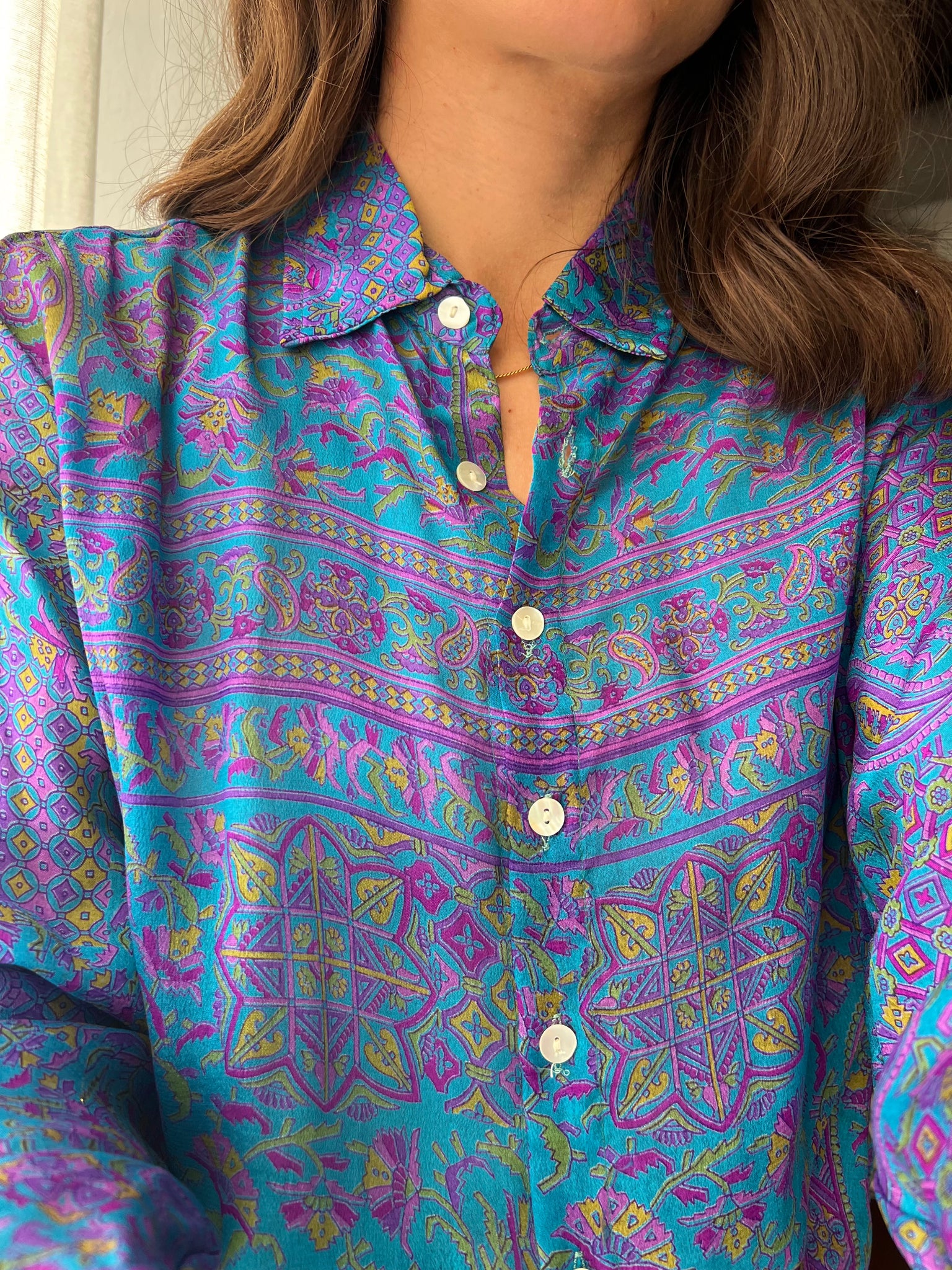 Camicia indiana modello maschile ottanio e viola Celestina Vintage