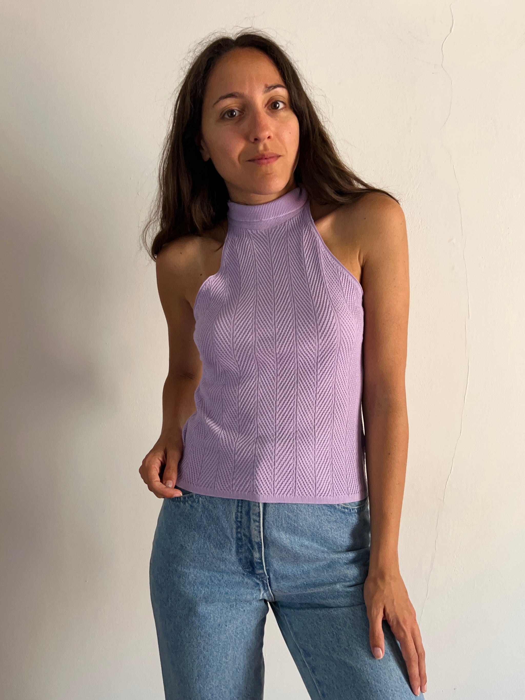 Top da donna con paillette, con scollo a V, con brillantini, in metallo, con schiena scoperta, con scollo a V, in metallo, per club e discoteca, da donna, Lilla, L