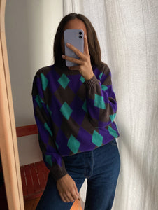 Maglione a collo alto rombi marrone-viola-turchese