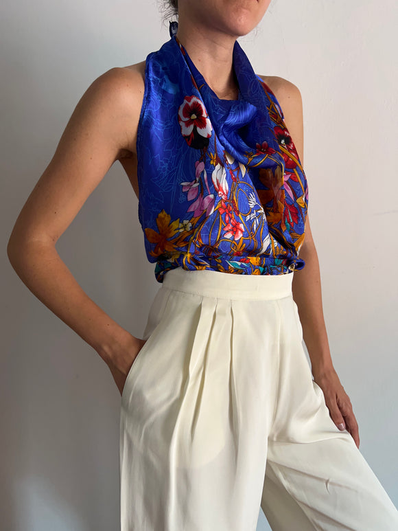 Maxi foulard di seta fiorato bluette