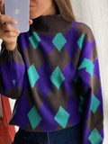 Maglione a collo alto rombi marrone-viola-turchese