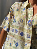 Camicia di seta beige fiori blu