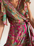 Abito corto indiano a portafoglio fuxia multicolor