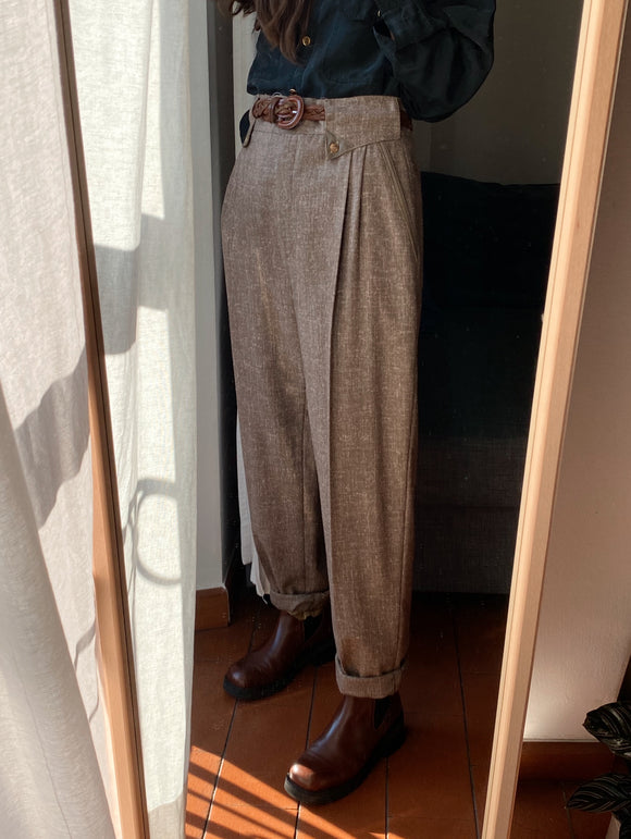 Pantaloni di lana con profili in pelle