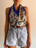 Foulard di seta fiorato bianco bordo bluette con viole